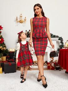 SHEIN 2pcs/Set Young Girl Solid Knit Stand Collar Gigot Sleeve Top And Plaid Cami Dress With Headband, Mommy And Me Matching Outfits