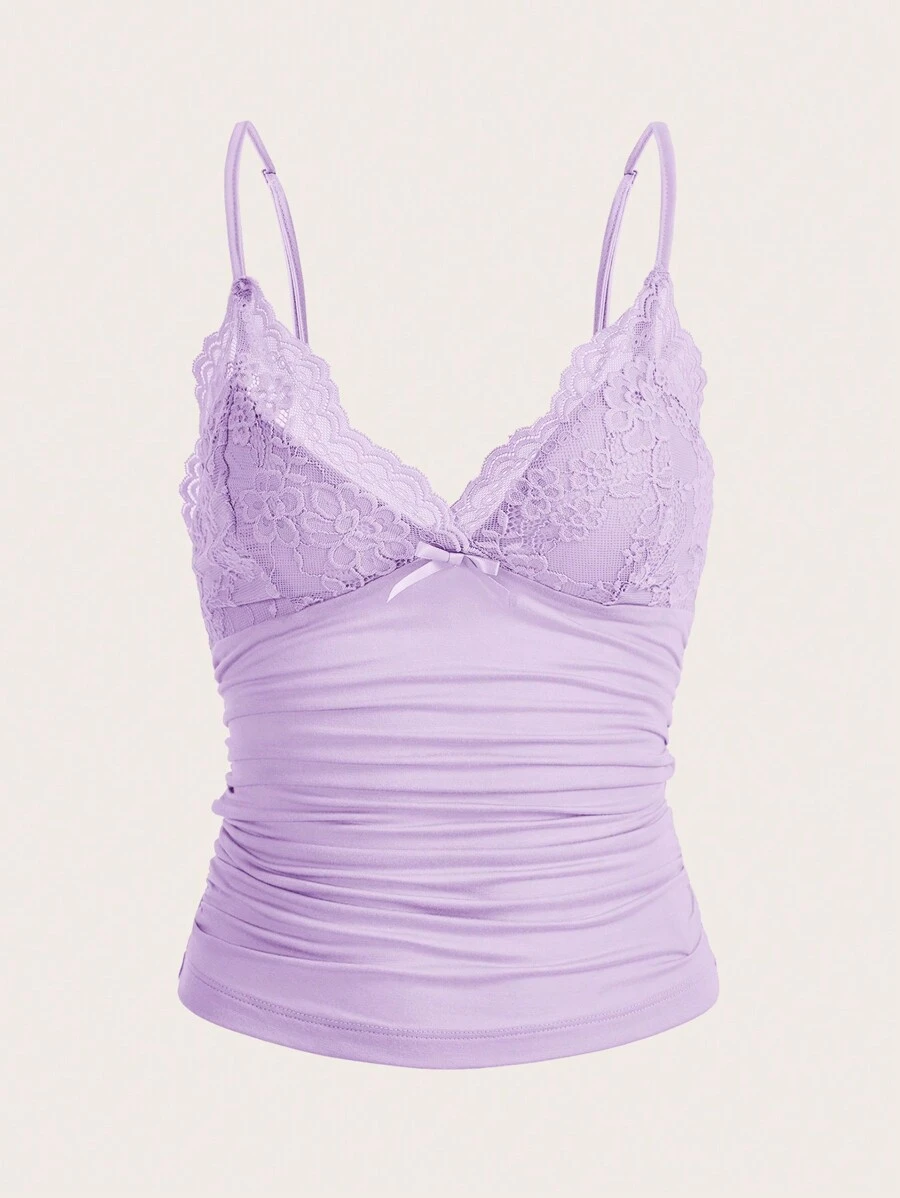 SHEIN ICON Contrast Lace Ruched Cami Top - Lilac Purple - View 1