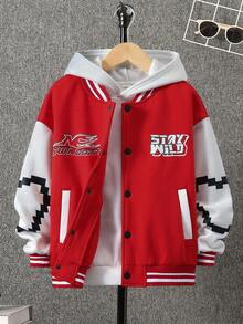 SHEIN Cậu bé Tween Đồ họa chữ & trái tim Sọc trang trí Thả vai Áo khoác Đại học Không có áo Hoodie - Đỏ - Xem 6