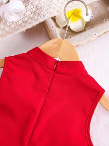 SHEIN Young Girl Elegant And Dark Green Stand Collar A-Line Dress, With Fluffy Hemline And Long Sleeves, Suitable For Summer, Outings, Parties, And Various Occasions, Featuring Graceful And Sweet Wearing, Fashionable And Comfortable,Holiday,Summer,Travel - Red - View 5