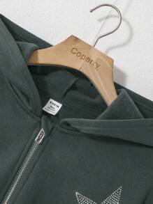 SHEIN Teen Girl Rhinestone Star Pattern Drop Shoulder Zipper Hoodie - Green - View 6