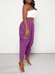 Slaydiva Solid Ruched Drop Crotch Pants - Red Violet - View 5