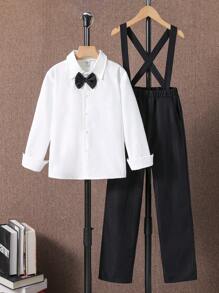 Cậu bé Tween Chất rắn Áo sơ mi & Quần Suspender & Nơ thắt - trắng - Xem 1