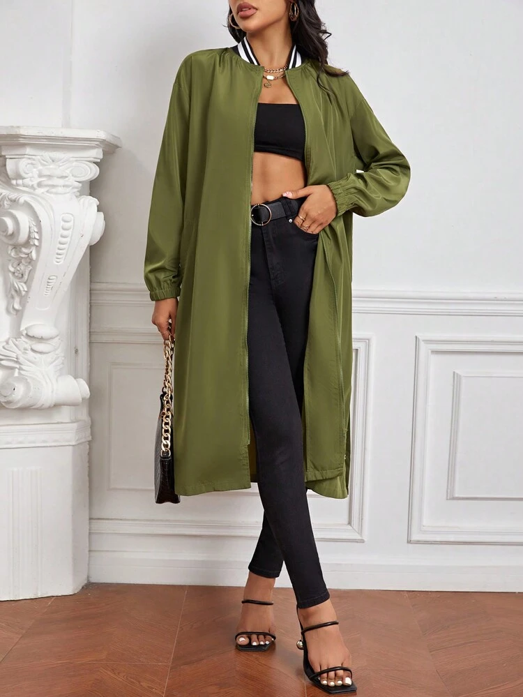 Letter Graphic Striped Trim Zip Up Jacket