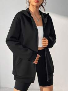 SHEIN Unity 素色拉鏈開襟落肩袖連帽衫 - 黑色 - 查看 6