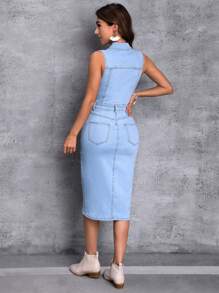 SHEIN Tall 翻蓋口袋高衩牛仔洋裝 - 藍色 - 查看 2