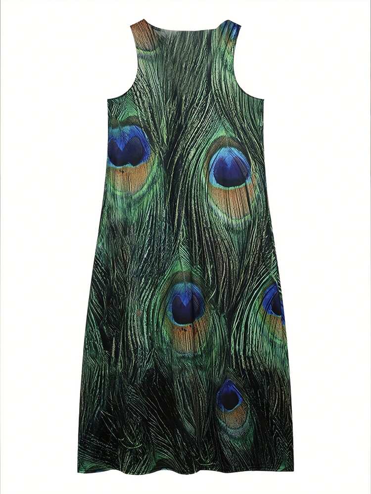 green feather print dress Peacock Feather Print Halter Midi Dress in Breathable Cotton ONE SIZE / TURQ main image 0