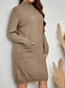 EMERY ROSE Plus Mock Neck Pocket Patched Sweater Dress - Khaki - View 5
