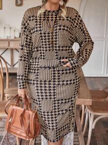 EMERY ROSE Plus Houndstooth Print Sweatshirt & Skirt - Multicolor - View 3