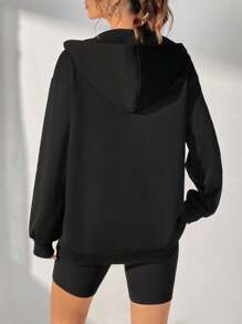 SHEIN Unity 素色拉鏈開襟落肩袖連帽衫 - 黑色 - 查看 2