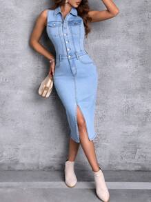 SHEIN Tall 翻蓋口袋高衩牛仔洋裝 - 藍色 - 查看 1