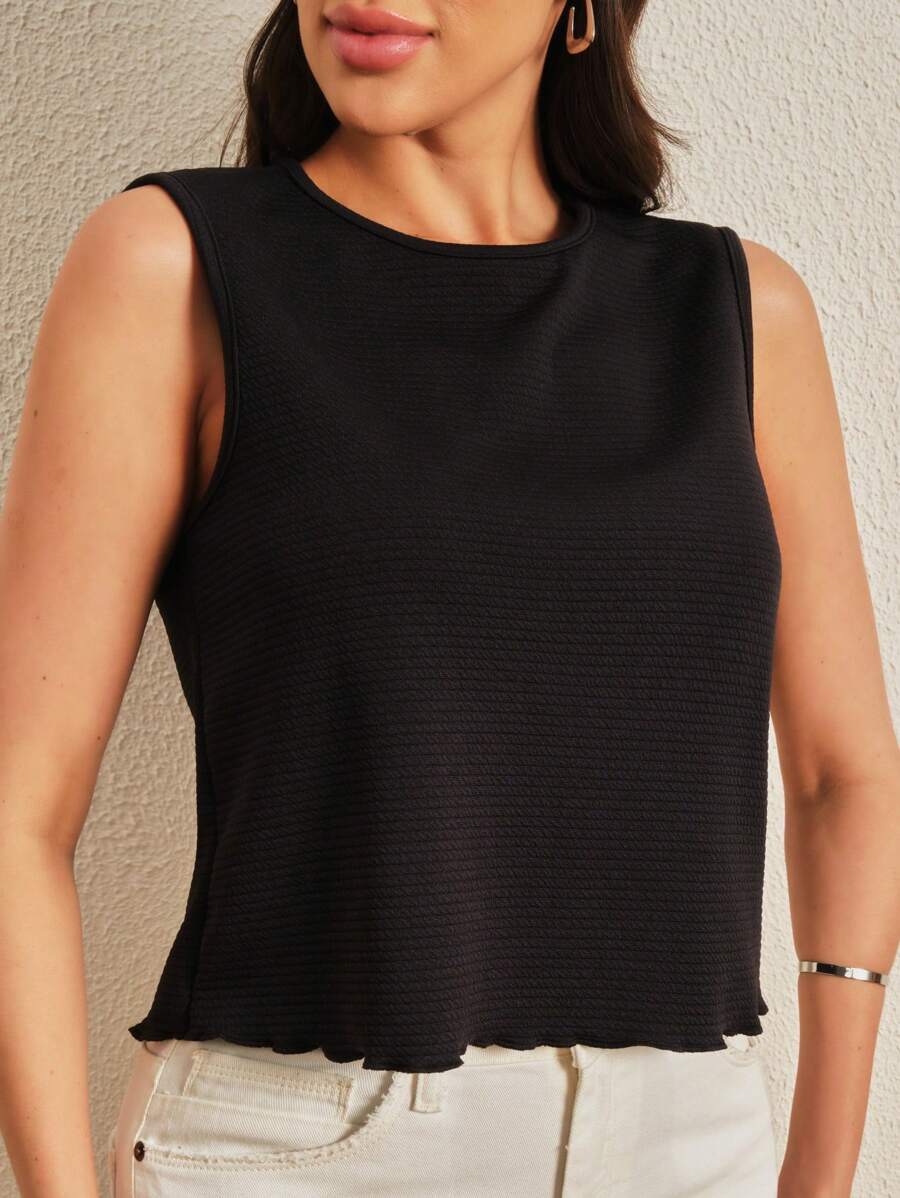 SHE(IN) BRASIL 素色木耳邊背心上衣 - 黑色 - 查看 1