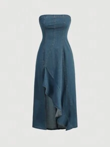 SHEIN MOD Ruffle Trim Split Thigh Tube Denim Dress - Medium Wash - View 1