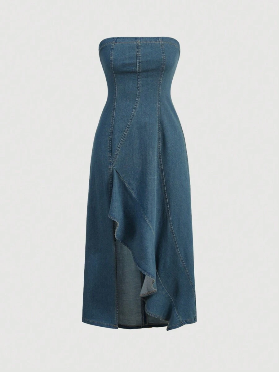 SHEIN MOD Ruffle Trim Split Thigh Tube Denim Dress - Medium Wash - View 1