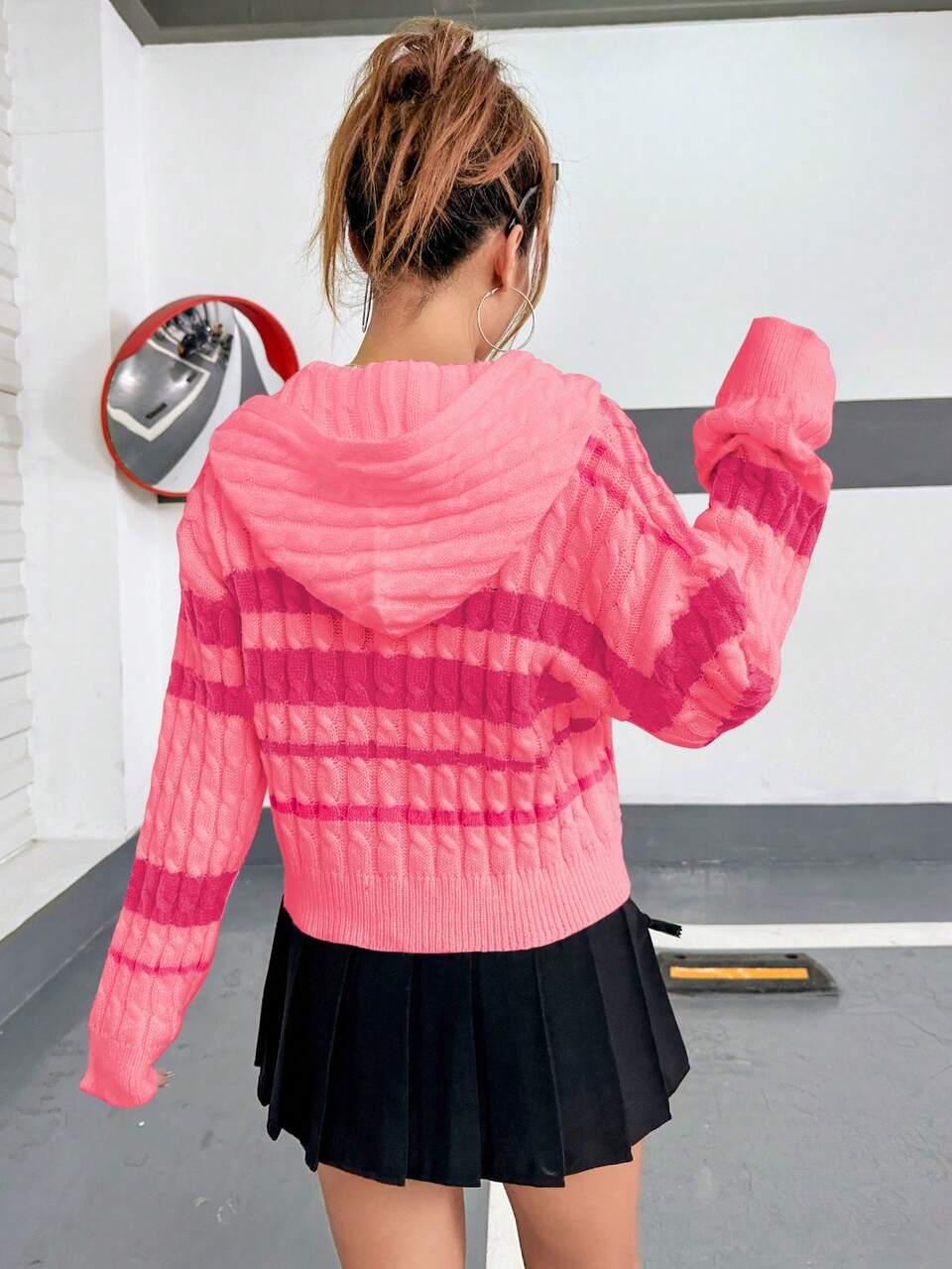 Striped Pattern Cable Knit Drop Shoulder Hooded Cardigan Fall Cloth For Women