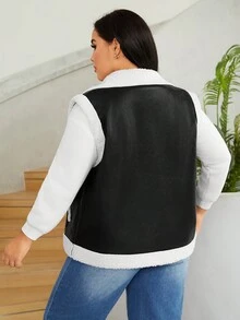 SHEIN EZwear Plus Teddy Lined Zip Up Vest Jacket - Black and White - View 2