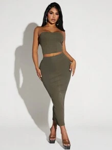 SHEIN SXY 女款無肩帶上衣與裙子套裝 - 軍綠色 - 查看 5