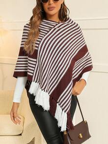 SHEIN Clasi Mẫu sọc Viền rìa Áo len Poncho - Cà phê nâu - Xem 3