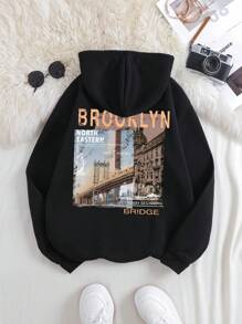 SHEIN EZwear Building & Letter Graphic Drawstring Thermal Lined Hoodie - Black - View 1