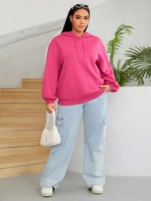 SHEIN EZwear 大码标语印花落肩卫衣 - 玫紅色 - 查看 5