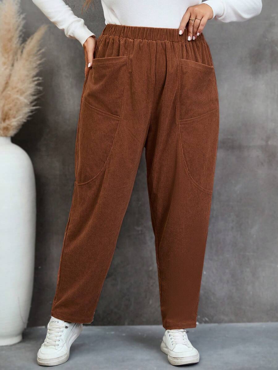 SHEIN LUNE 大碼雙口袋燈芯絨長褲 - 卡其色 - 查看 1