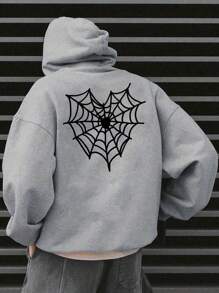 男式蜘蛛网印花落肩抽绳保暖内衬连帽衫，万圣节适用 - 灰色 - 查看 1