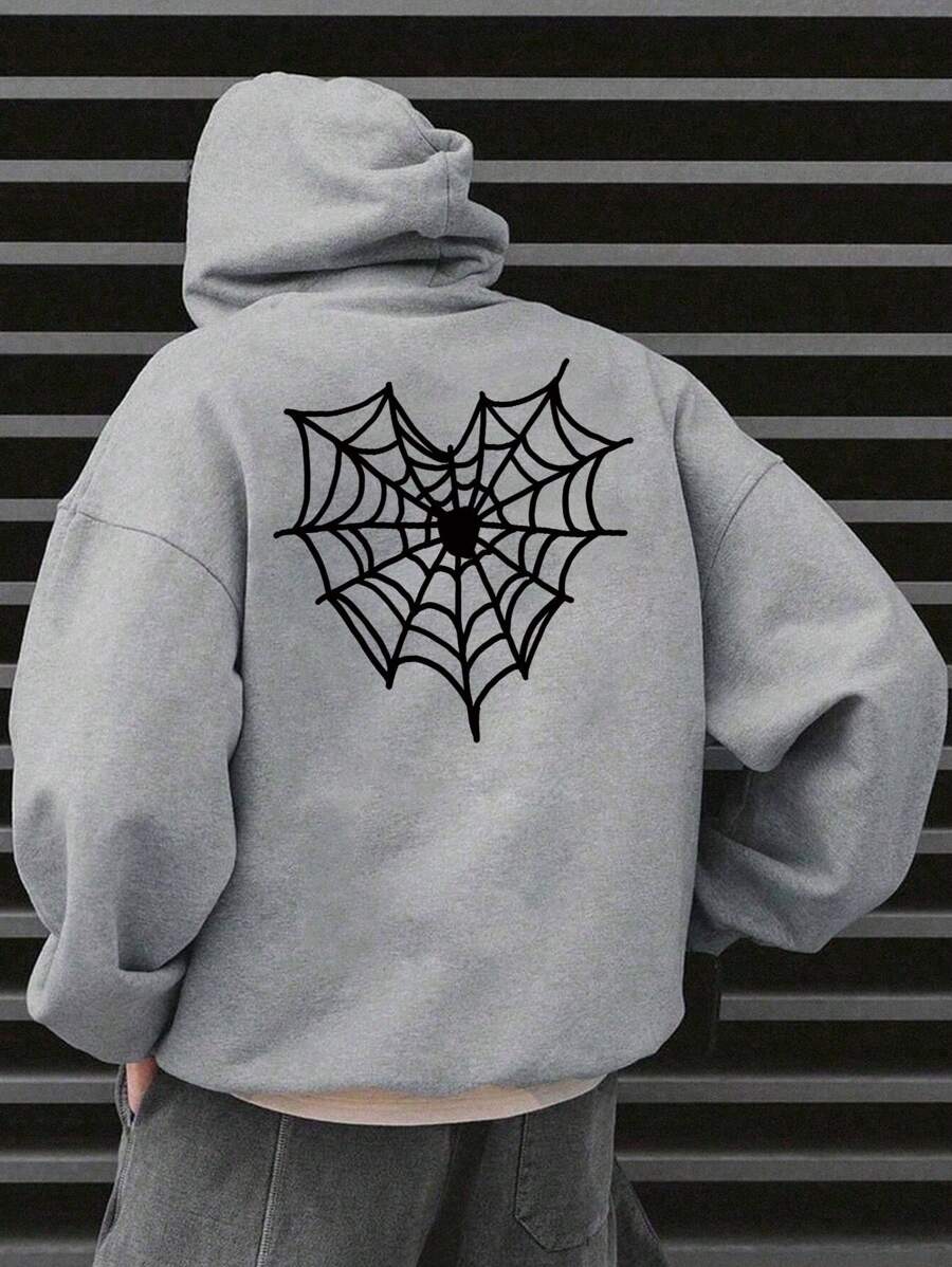 男式蜘蛛网印花落肩抽绳保暖内衬连帽衫，万圣节适用 - 灰色 - 查看 1