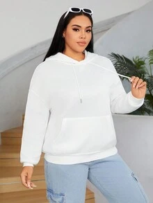 SHEIN EZwear Plus Size Wave & Japanese Letter Graphic Drop Shoulder Drawstring Sweatshirt - White - View 5