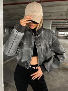 Aveloria Affinna Top-Stitching Drop Shoulder Zipper PU leren bomberjack