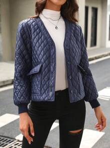 SHEIN LUNE Flap Pocket Button Front Quilted Padded Coat Clothes Winter Fall Cloth For Women - Navy Blue - View 3