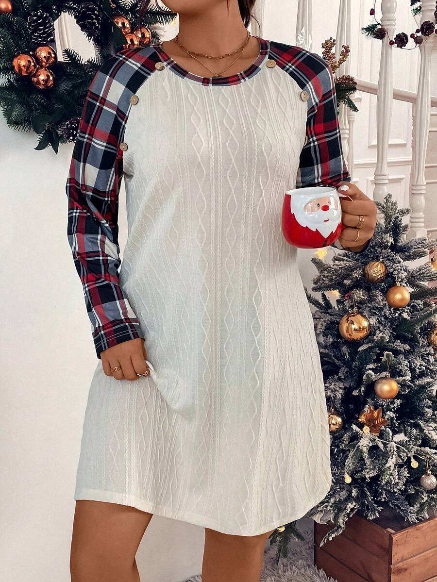 SHEIN LUNE Talla grande Vestido estilo camiseta de cuadros de manga raglán - Multicolor - Ver 1