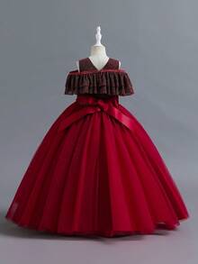 Young Girl Glitter Ruffle Trim Mesh Overlay Gown Dress for Christmas - Burgundy - View 2