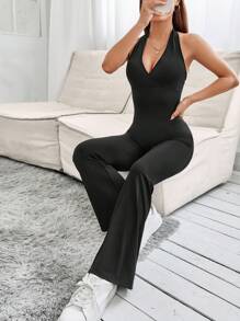 SHEIN PETITE Solid Backless Flare Leg Halter Jumpsuit - Black - View 7