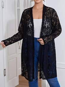 SHEIN LUNE Plus Open Front Lace Coat - Black - View 3