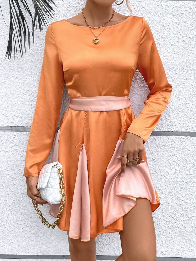 Two Tone A-Line Dress Without Belt Fall Cloth For Women