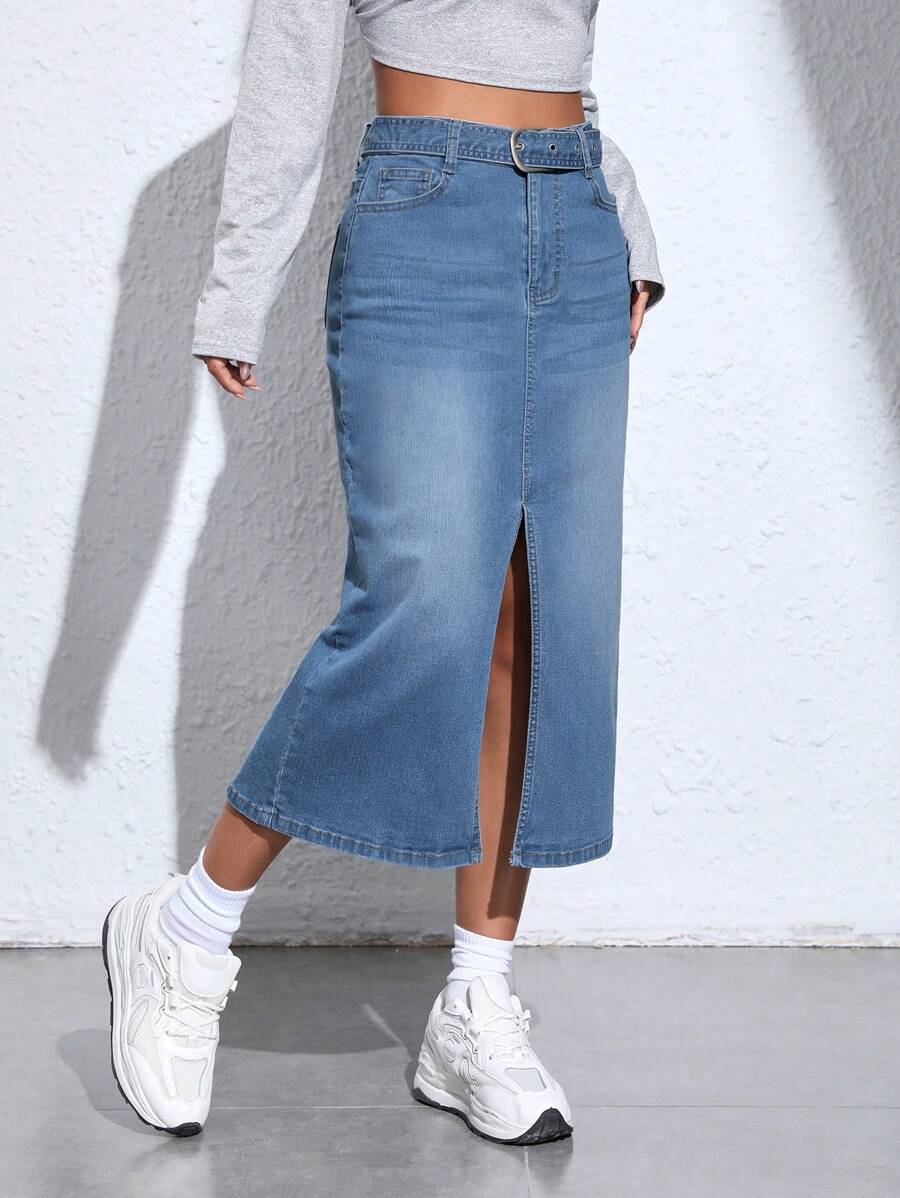 SHEIN Privé Tách đùi Thắt lưng Váy Denim - Rửa trung bình - Xem 1