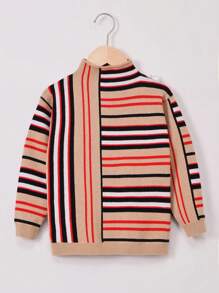 SHEIN 女小童塊狀條紋圖案小高領套頭毛衣 - 彩色 - 查看 1