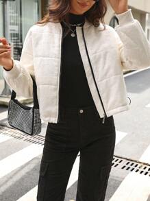 SHEIN LUNE Abrigo acolchado con hombros caídos y dobladillo con cordón para el invierno - Beis - Ver 1