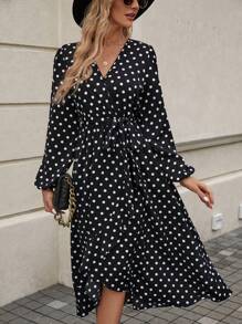 SHEIN Clasi In vết tròn Polka Tay áo lồng đèn Váy có thắt lưng - Đen và trắng - Xem 3