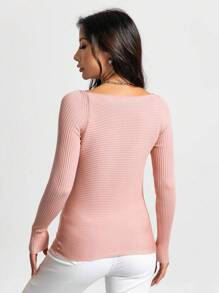Chiquease Solid Ribbed Knit Tee Knit Pullover Sweater Fall Winter - Camel - View 2