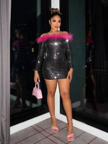 SHEIN SXY 一字肩毛茸邊亮片緊身洋裝