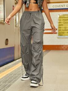Pantalones parachute de cintura con cordón - Gris - Ver 4