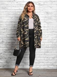 SHEIN LUNE 大碼牛仔夾克 - 軍綠色 - 查看 1