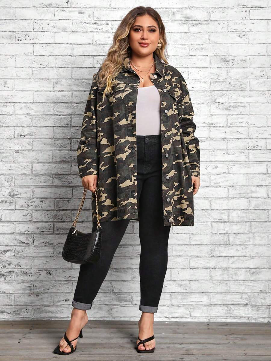 SHEIN LUNE 大碼牛仔夾克 - 軍綠色 - 查看 1