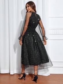 Contrast Sequin Mesh Overlay Flounce Sleeve Dress - Black - View 2