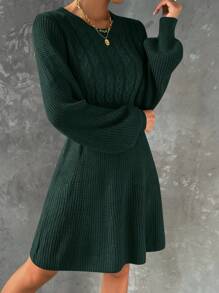 EMERY ROSE Cable Knit Lantern Sleeve Sweater Dress Fall Winter Cloth For Women - Dark Green - View 3