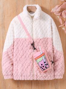 SHEIN Tween Girl Two Tone Teddy Jacket & Bag - Multicolor - View 1