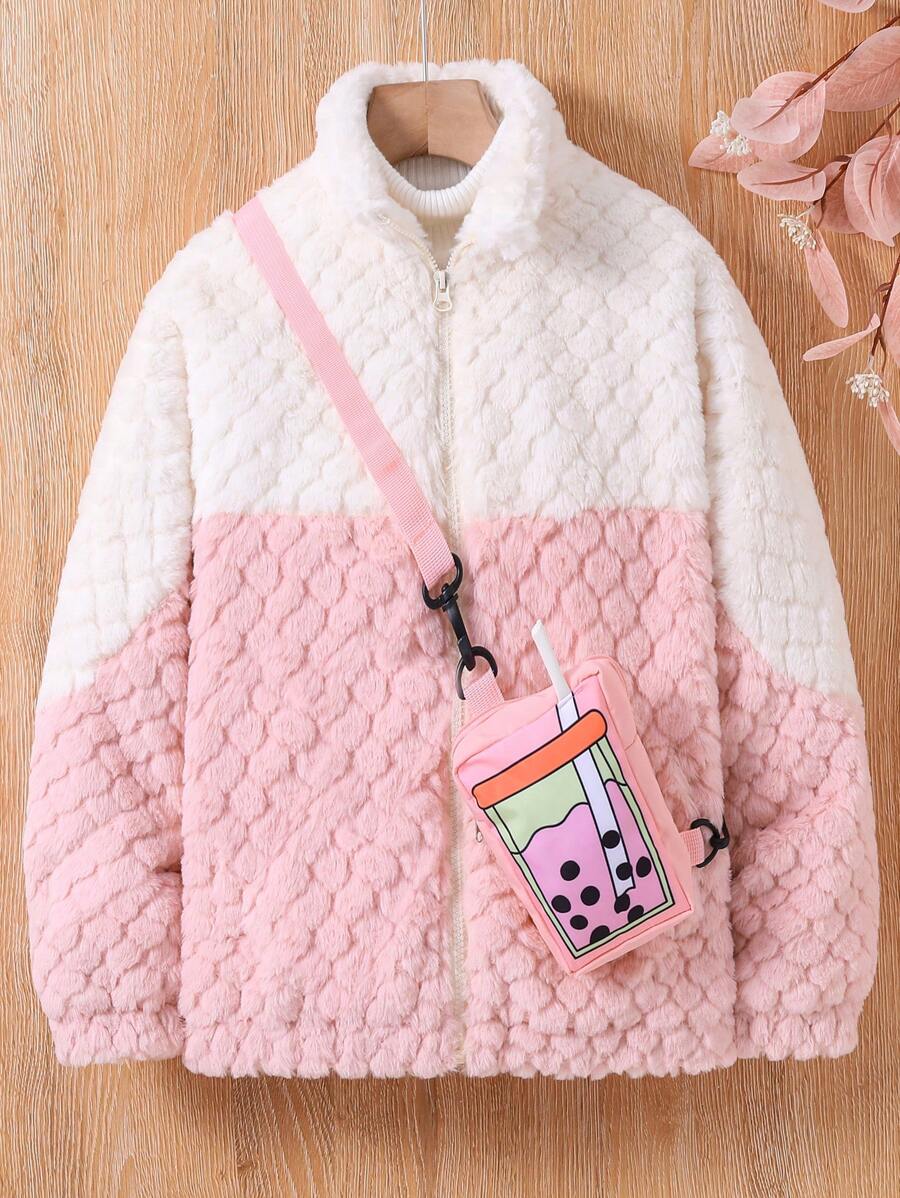 SHEIN Tween Girl Two Tone Teddy Jacket & Bag - Multicolor - View 1
