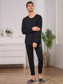 男士字母圖案條紋飾邊保暖內衣長褲