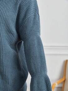 Teen Girl Solid Drop Shoulder Virago Sleeve Sweater - Dusty Blue - View 6